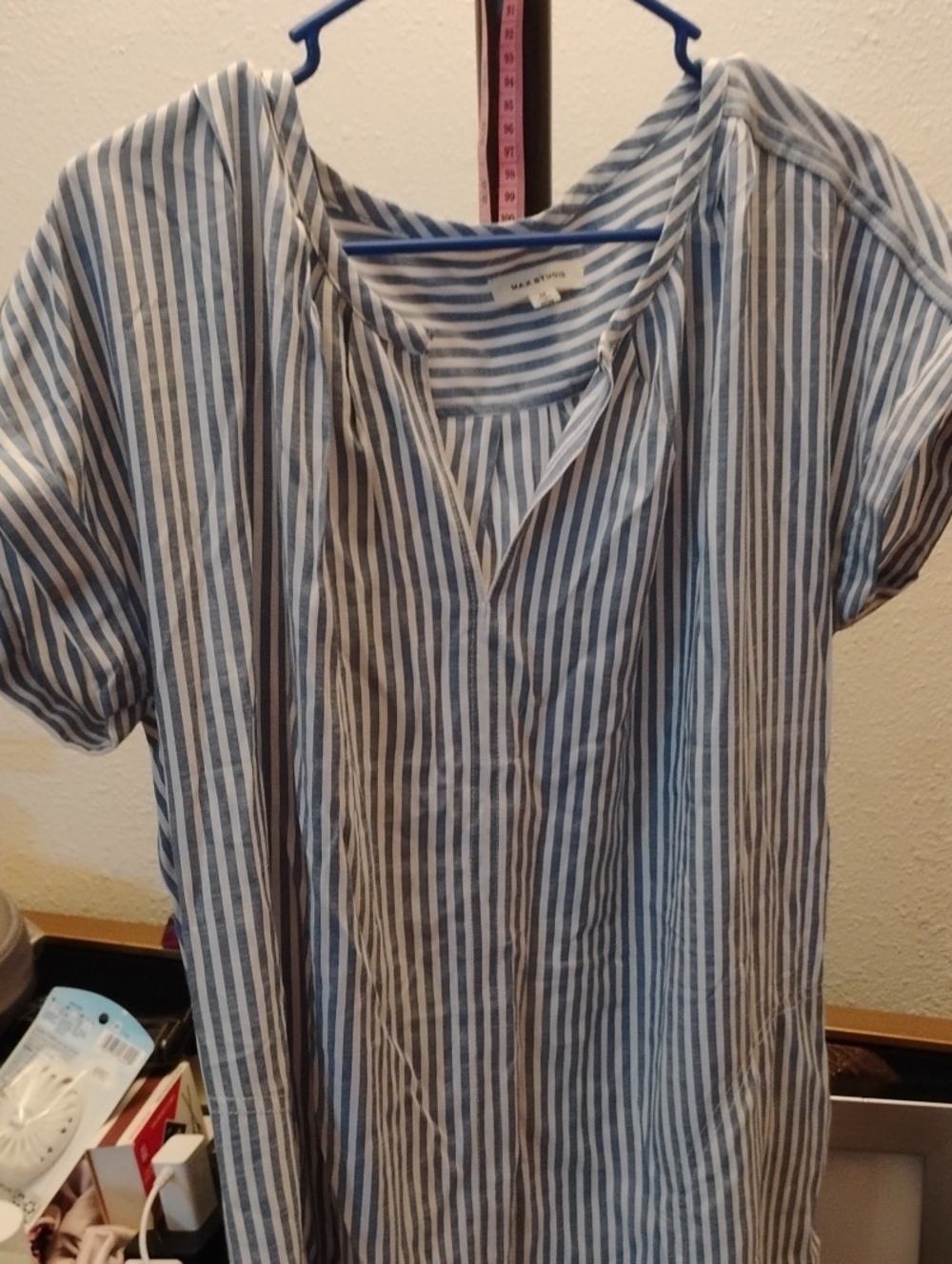 Max Studio Blue & White Striped Short Sleeve Top